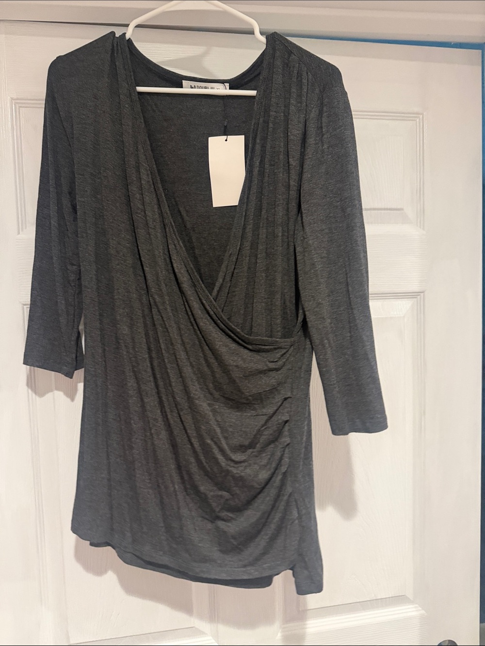 Doublju Dark Gray Draped V-Neck Top
